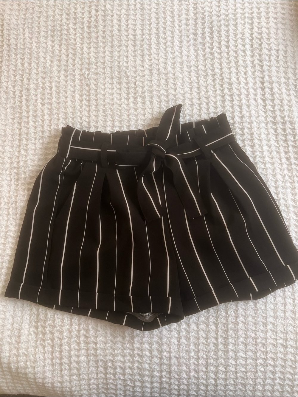 Revamped Black with White Pinstripe High Waist Paperbag Shorts